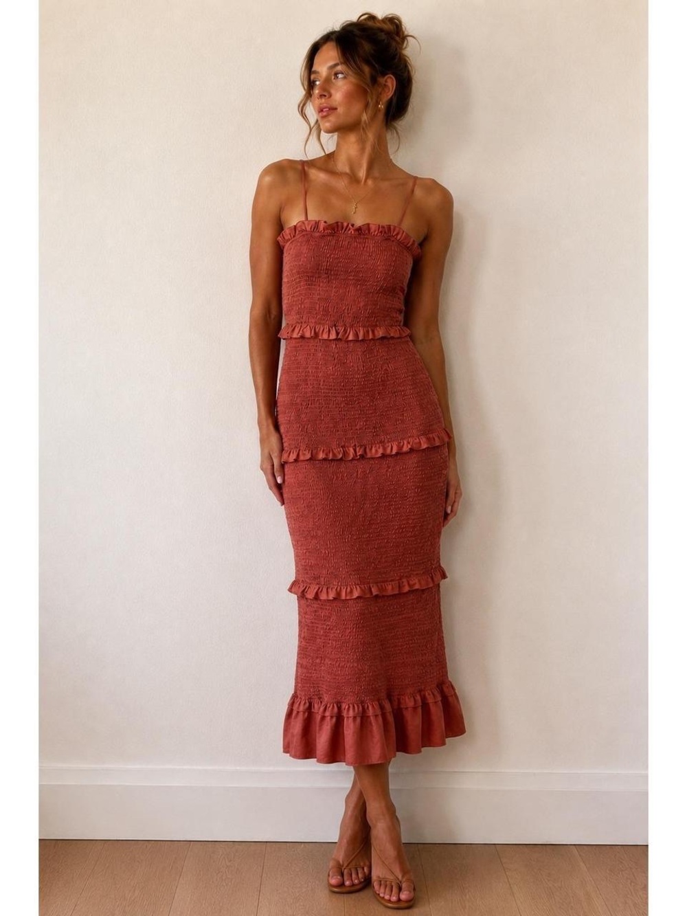 Mable Smocked Ruffle Midi Dress - Rust